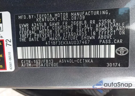 2010 Toyota Camry Le from USA, damaged, VIN 4T1BF3EKXAU037467